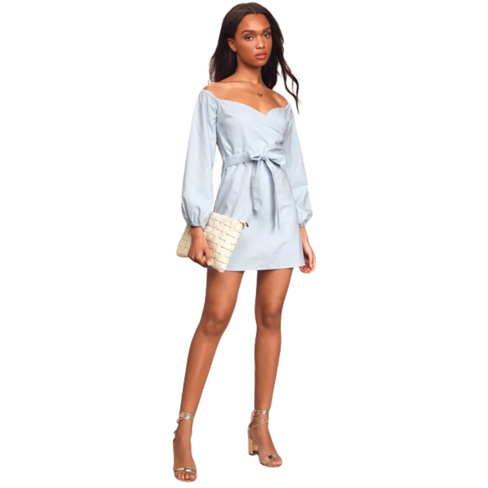 ⭐️HP⭐️ Lulu’s Blue Off- Shoulder Puff Sleeve Minidress Tie Waist- Size S…